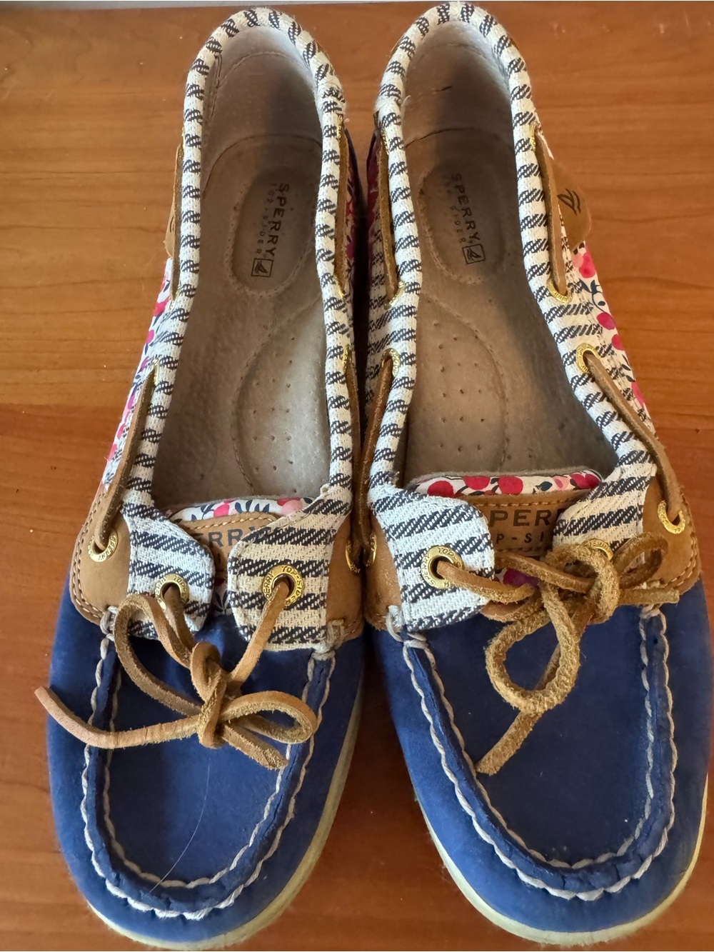 Sperry Navy Blue Canvas & Tan Leather Trim Boat Shoes with Floral Accent